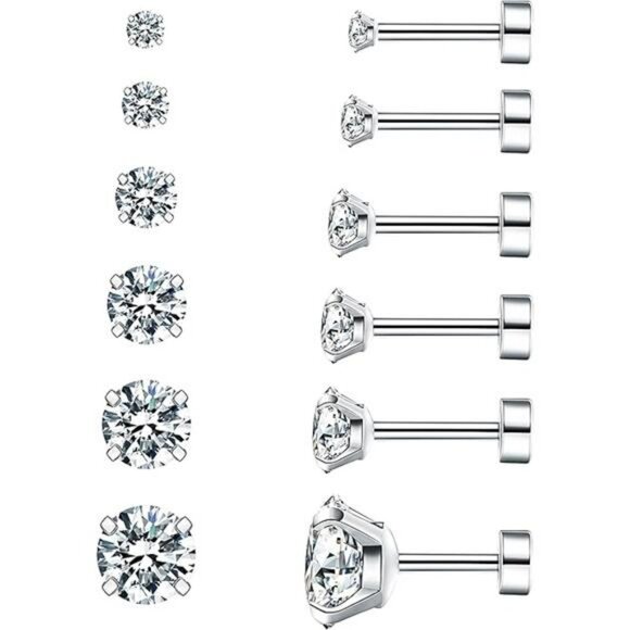 Cubic zirconia stud earrings set hypoallergenic flat back surgical steel - Picture 7 of 7